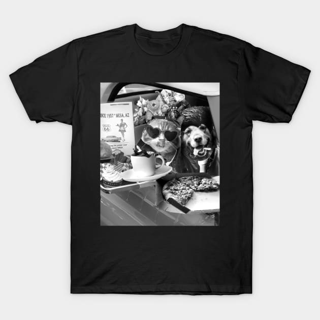 Dog Cat Drive-in With Pizza Coffee Flowers T-Shirt by Random Galaxy